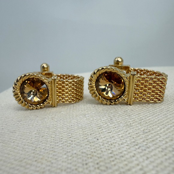 SWANK Other - Vintage Swank Mesh Wrap Cufflinks Amber Crystal Rivoli Stone MCM Gold Tone